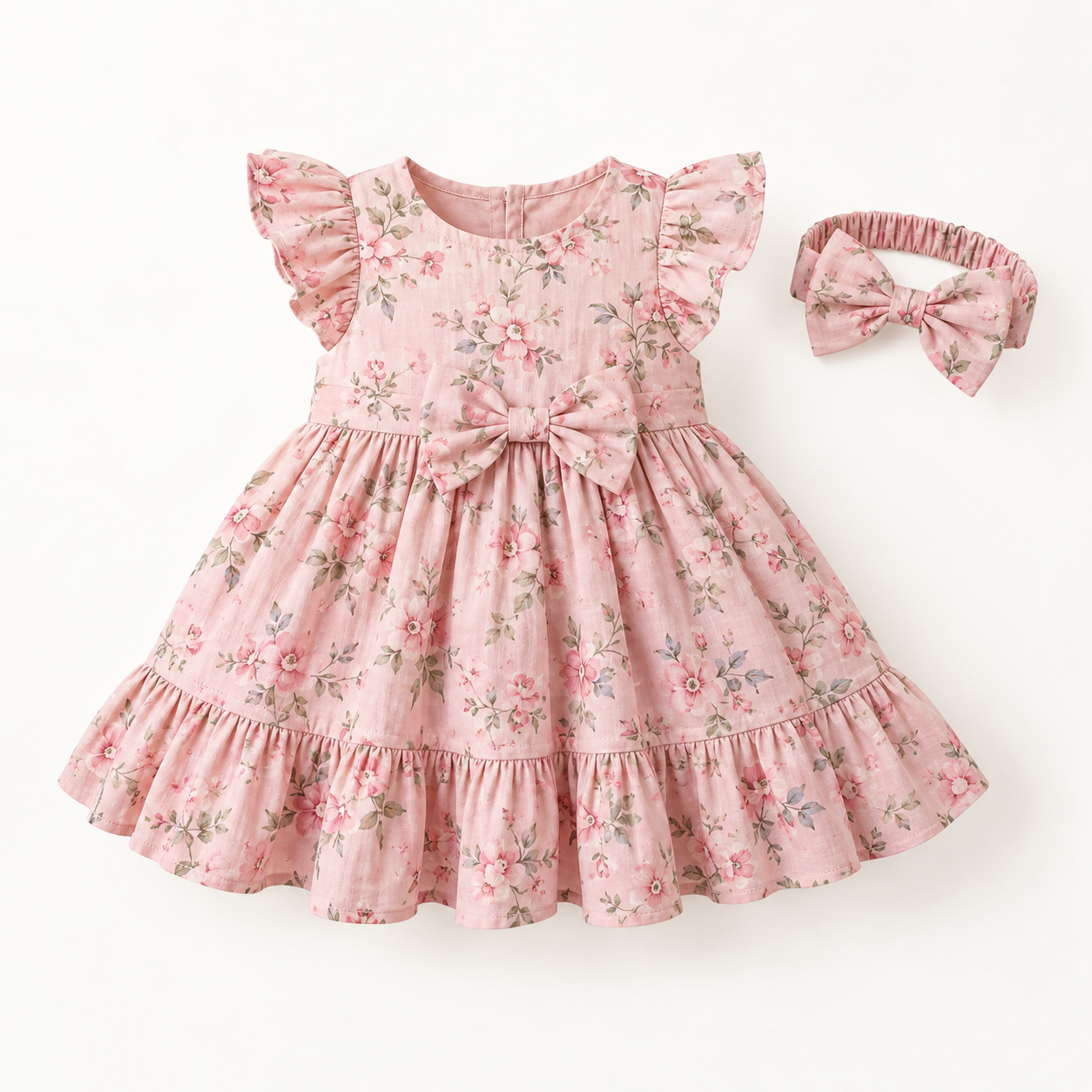Blush pink floral baby girl frock with headband