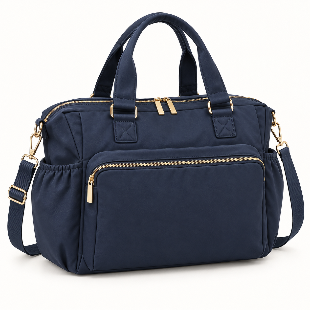 Navy baby diaper bag with gold tone zips