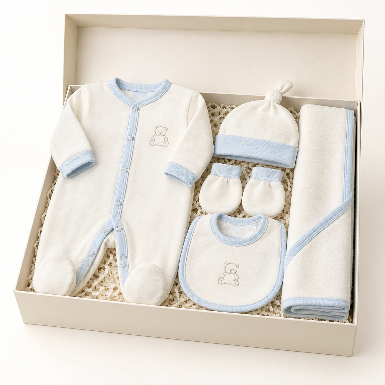 Ivory and pale blue newborn gift set