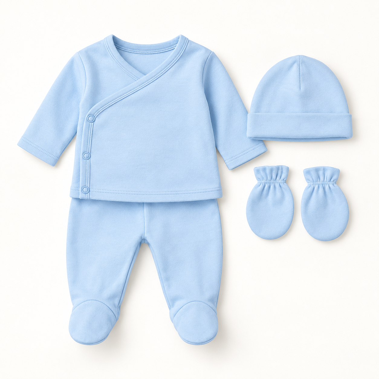 Sky blue newborn cotton suit with cap and mittens